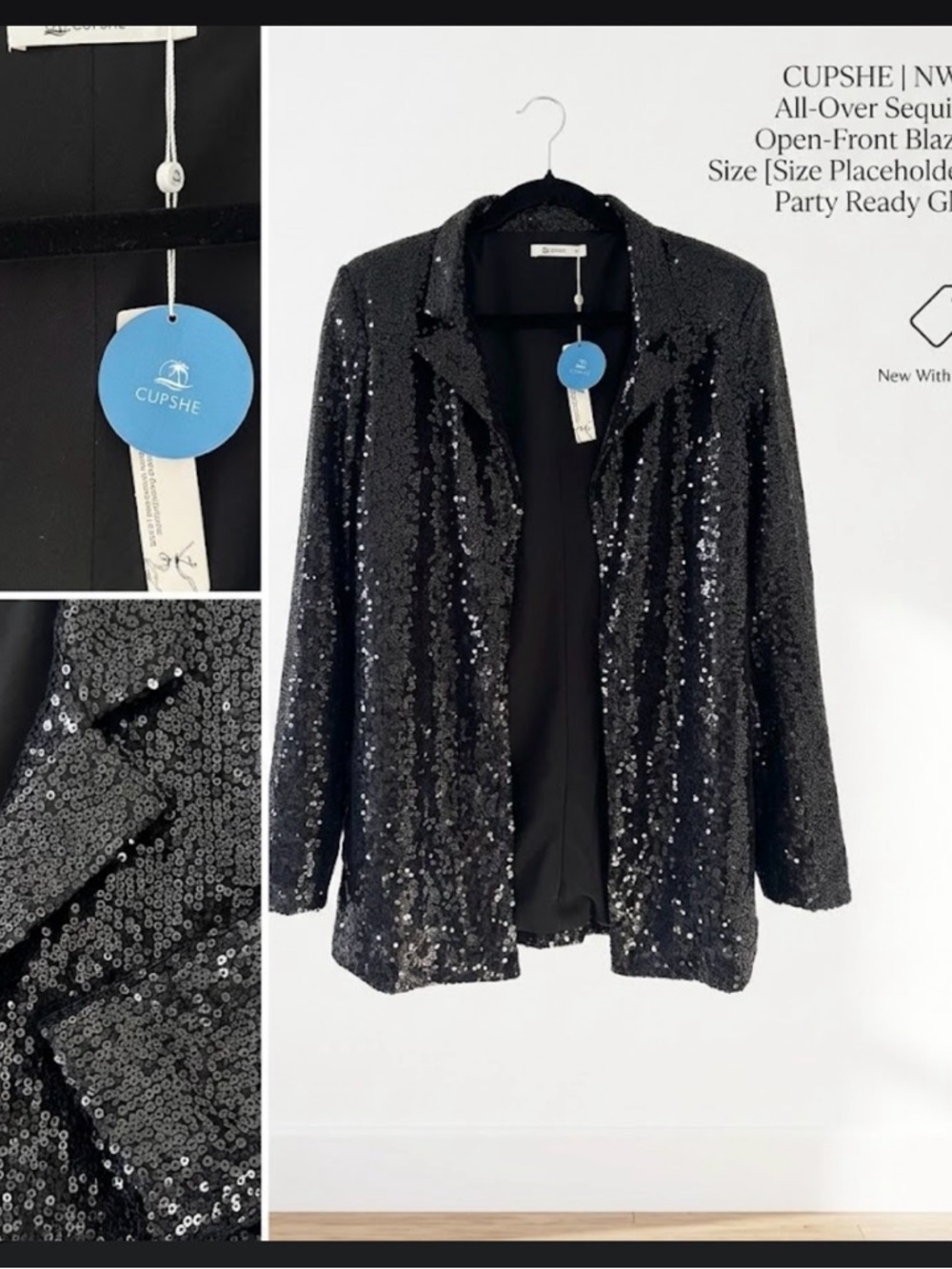 NWT Cupshe Black All-Over Sequin Open-Front Blazer. Size large